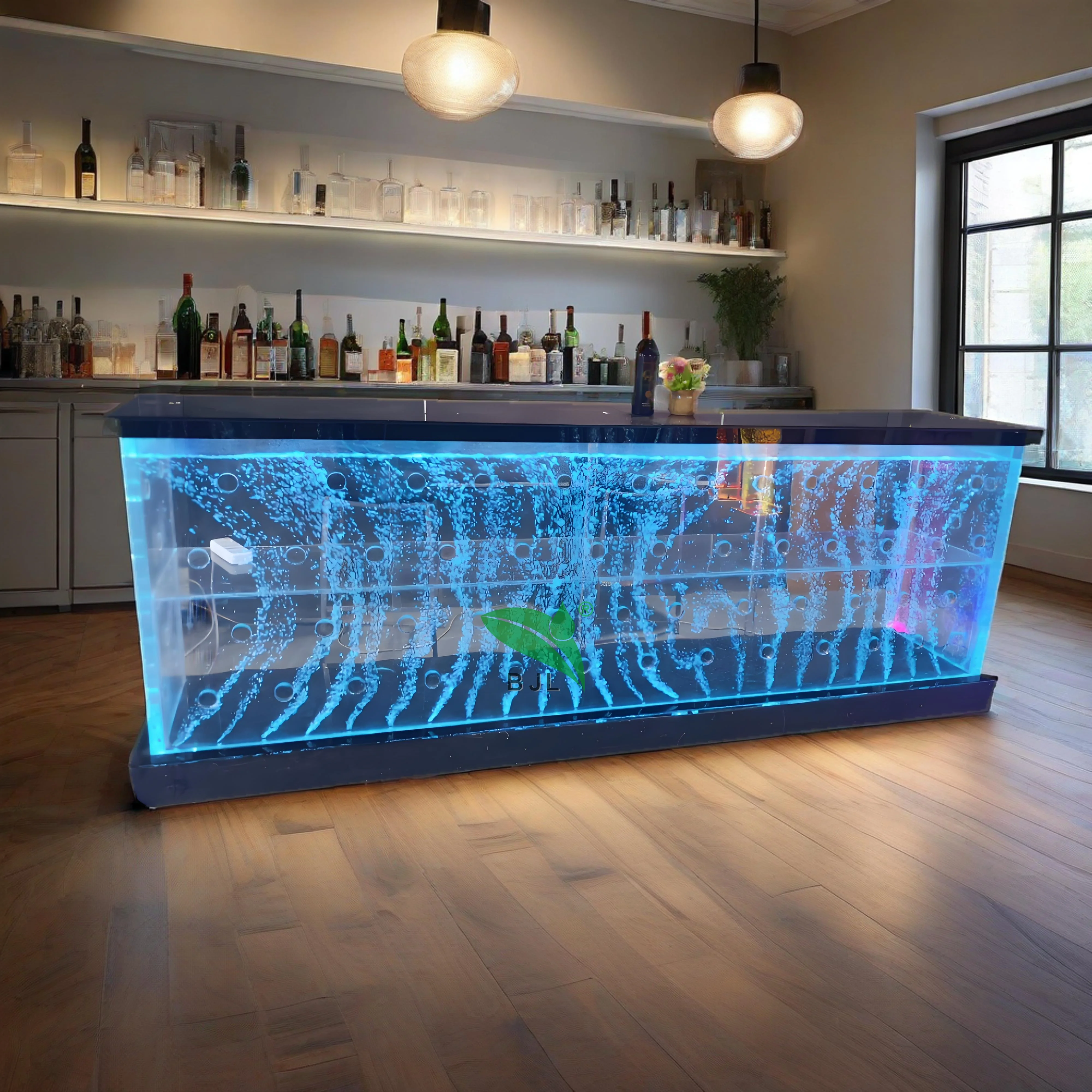 

Customization.Restaurant Nightclub Furniture LED Water Bubble Wall Panel Bar Counter Cabinet with Black Glass Tabletop and Danci