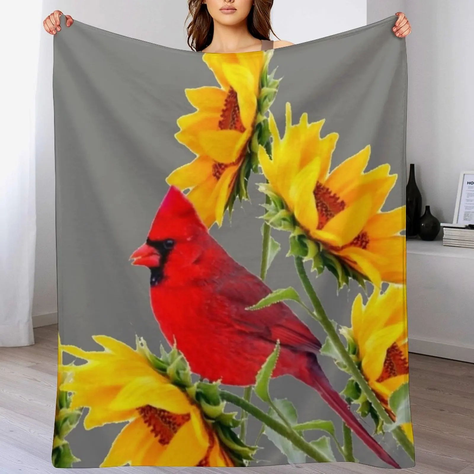 

RED CARDINAL & YELLOW SUNFLOWERS ON GREY A,RT Throw Blanket Personalized Gift Soft Big Decorative Beds Single Blankets