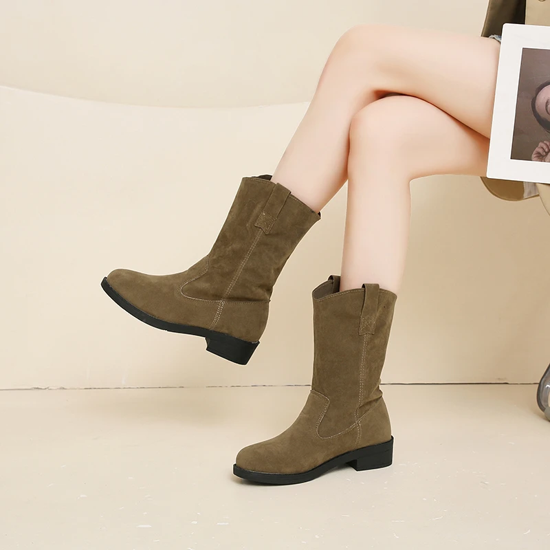 Elegant Short Women's Boots 2024 New Round Head Suede Short Tube Retro Fashion Explosive Thick Heel Women's Casual Boots