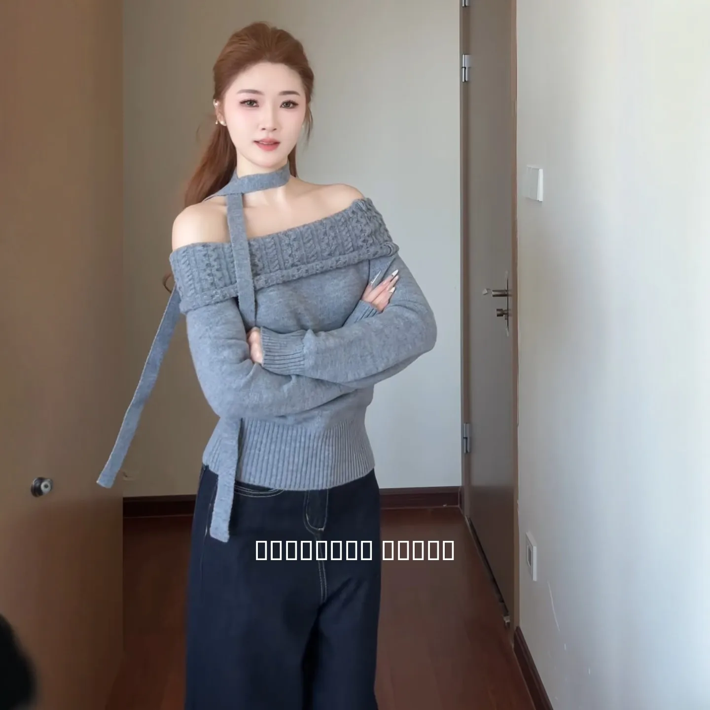 

ay Knitted Sweater Women's Long Sve One-oulder Neline Flowing Ties Autumn Winter Design Versatile Casual Faion Top