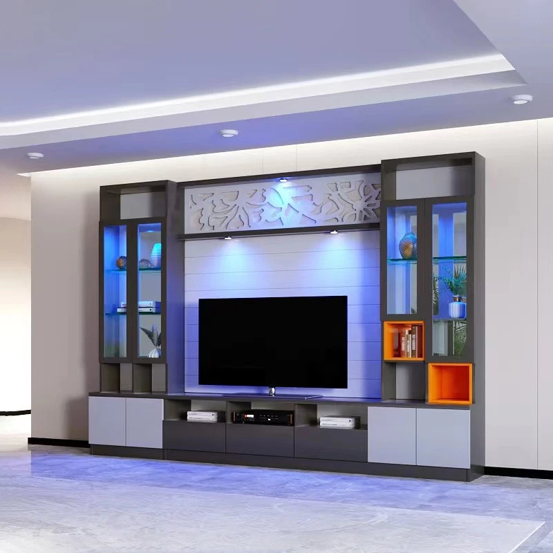 Modern Luxury Wooden Light Emitting Diode Living Room TV Cabinet Wine Rack Display Home Furniture Wall Unit Solid Wood