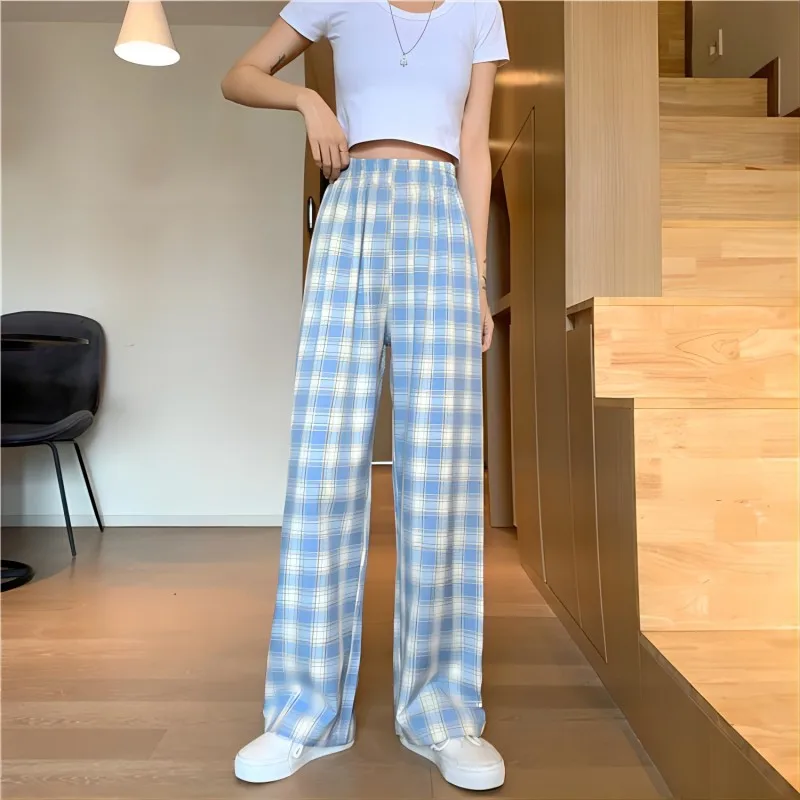 Black Women Plaid Pants Casual Oversize Loose Wide Leg Trouser Retro Teens Harajuku Hip-hop All-match Streetwear S - 3XL