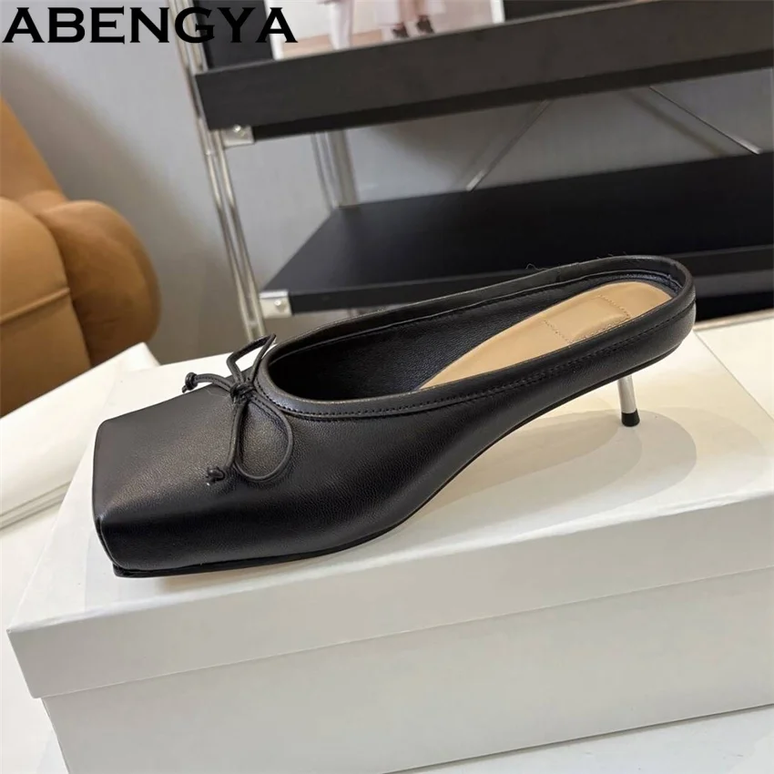 

Летние женские туфли ABENGYA с квадратным носком на каблуке-рюмочке, черные кожаные туфли для вечеринок, роскошные сандалии, современные шлепанцы