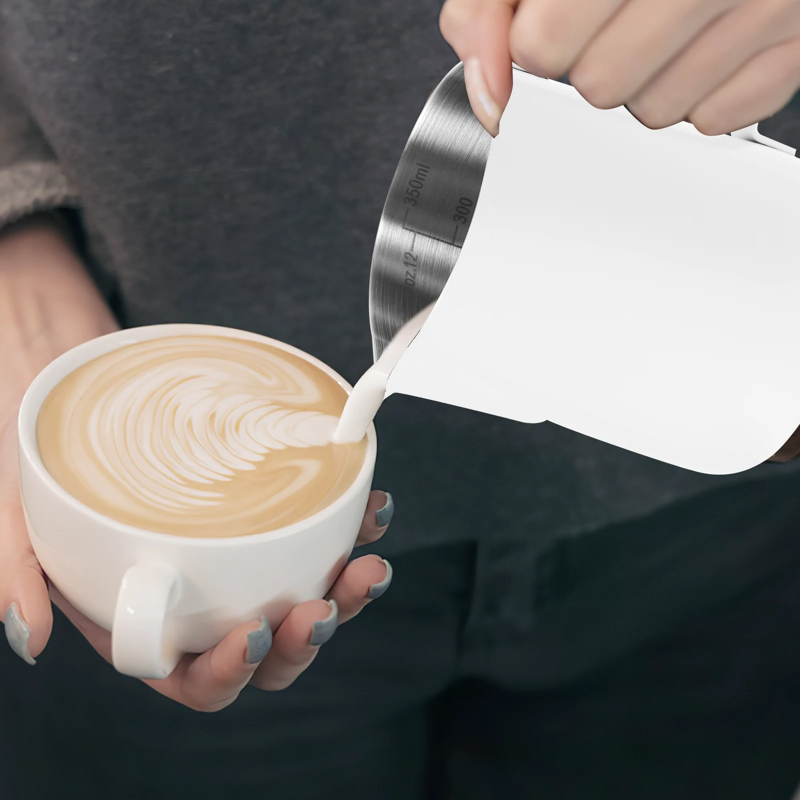 

Stainless Steel Coffee Latte Art Cup Milk Frother Pitcher White Color Single Serving Espresso Maker Steaming Vessel
