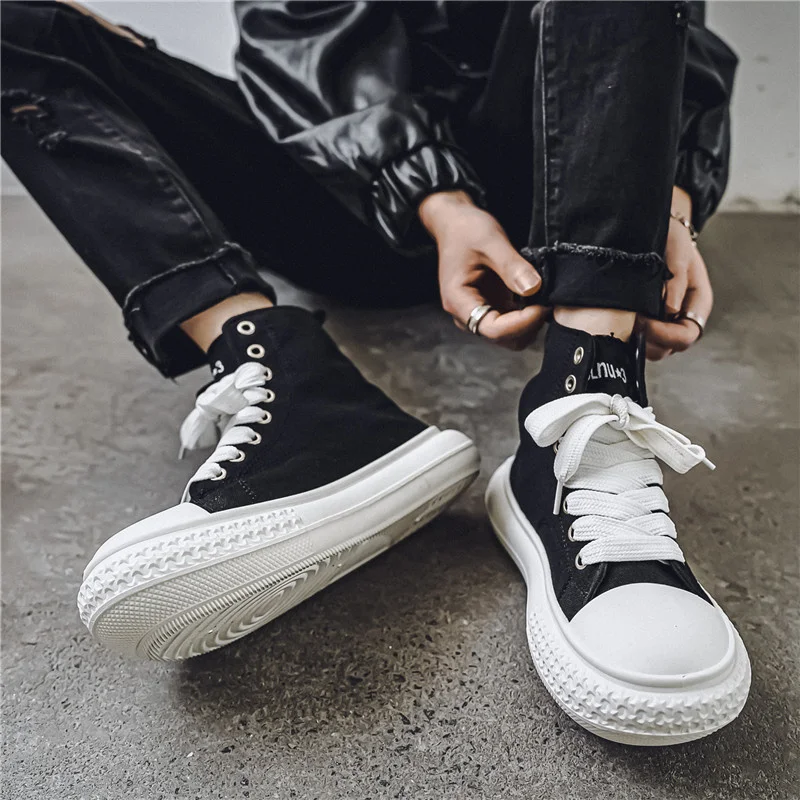 Fashionable Men's High-top Canvas Shoes Casual Platform Sneakers Men Lace-up Black Vulcanized Shoes Men Trendy Flats Espadrilles