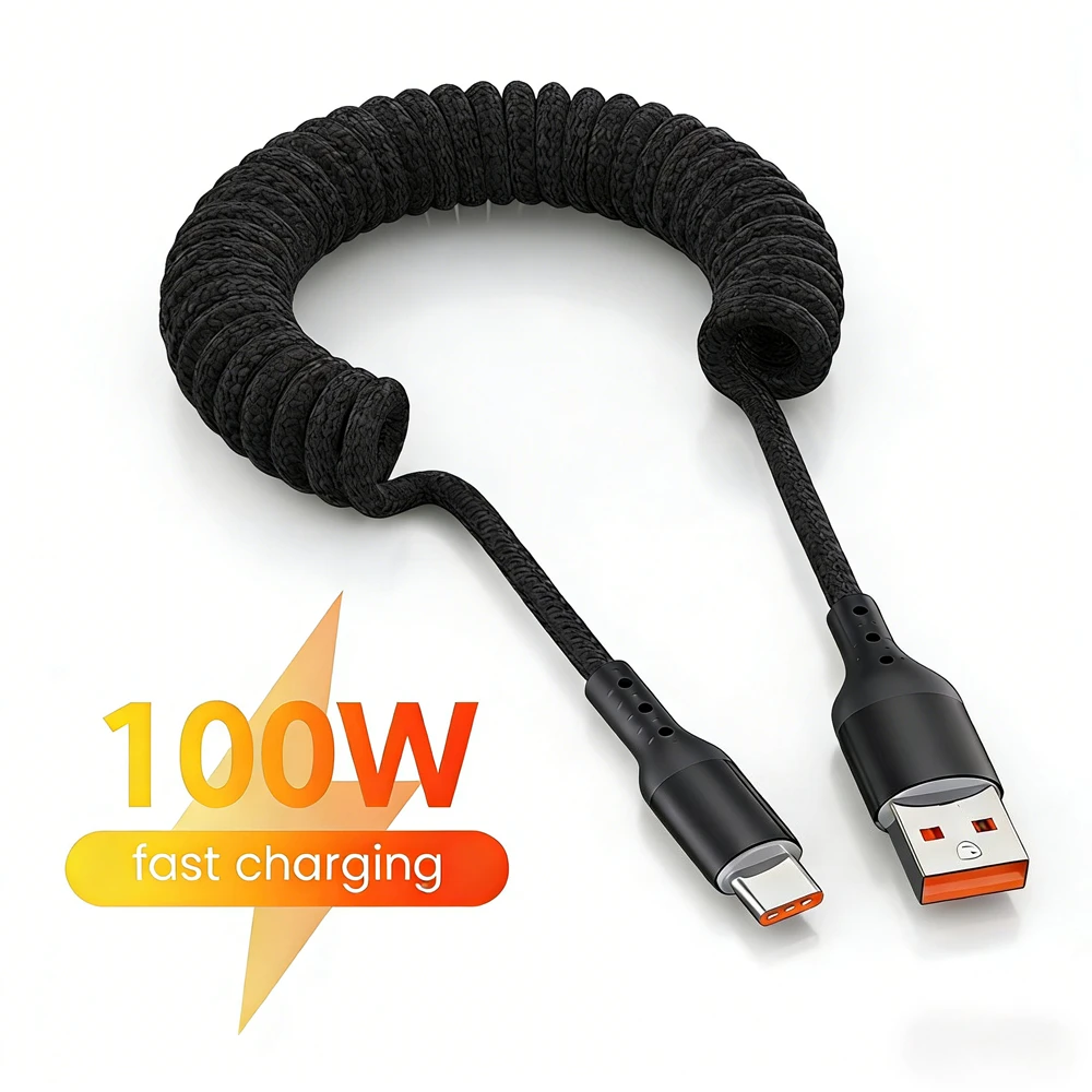 100W USB Type C Spring Car Fast Charging Cable for Samsung Xiaomi Huawei 60W USB C Data Cord for iPhone 15 Huawei USB C Wire