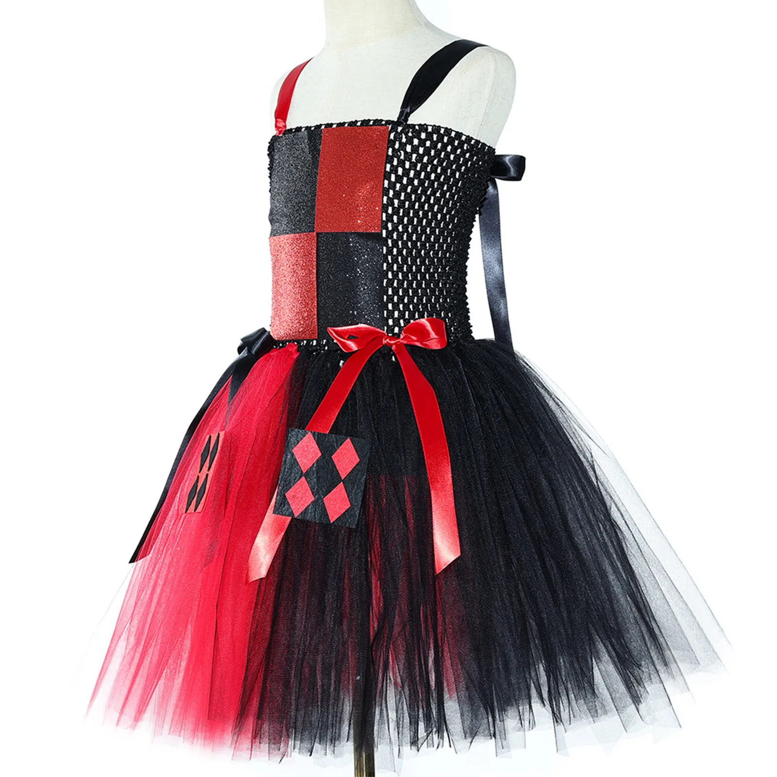

Kids Girls 6Pcs Clown Cosplay Costume Halloween Sets Hollow Out Puffy Dress with Hair Hoop Eyes Mask Neckwear Handwear and Socks