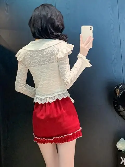Spring Autumn Korean Style Sweet And Spicy Doll Machine Collar Dress Set Rich Girl Miu Series Outfit High Waist Slim Fit Skirt