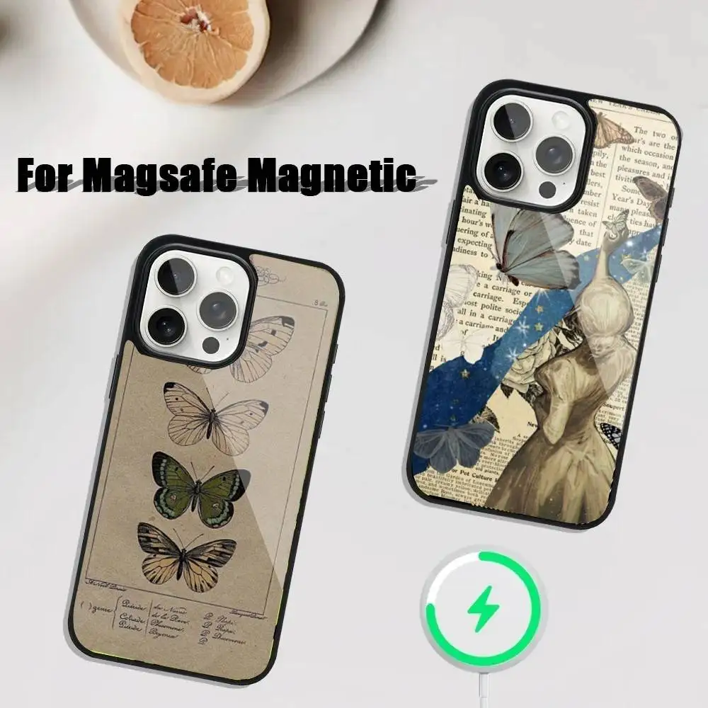 

INS Retro Butterfly Phone Case For iPhone 16,15,14,13,12,11,Plus,Pro,Max Mini Magsafe Magnetic Wireless Charging