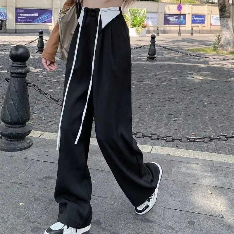 Summer Chic New Black Pants Women Casual Basics Loose Elastic High Waist Vintage Spliced Lace-up Pocket Wide Leg Sport Pants