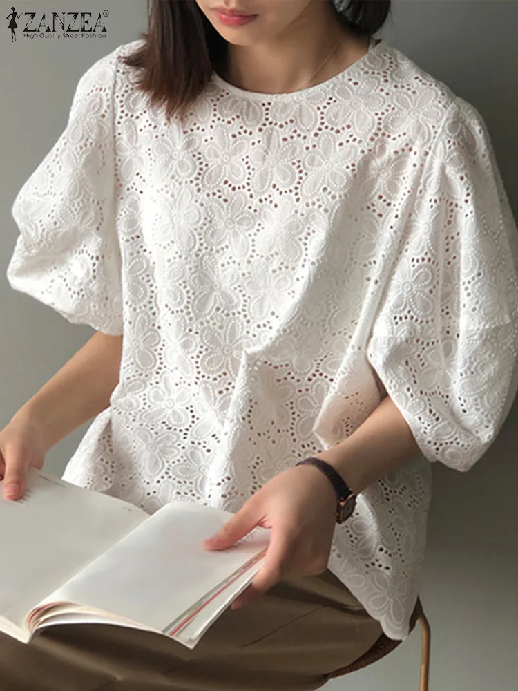 ZANZEA Elegant Women Short Sleeve Blouse 2024 Fashion Summer Loose Hollow Out Oversized Puff Sleeve Tops Casual Solid Blusas