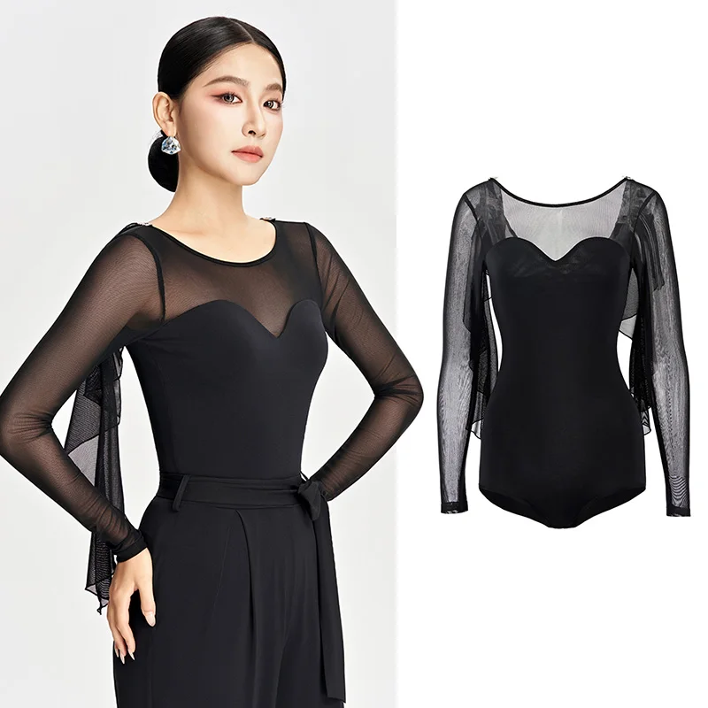 haut-de-danse-de-salon-pour-femmes-justaucorps-de-danse-noir-en-maille-body-d'entrainement-a-manches-longues-vetements-d'entrainement-modernes-standard-pour-adultes-vdl4890
