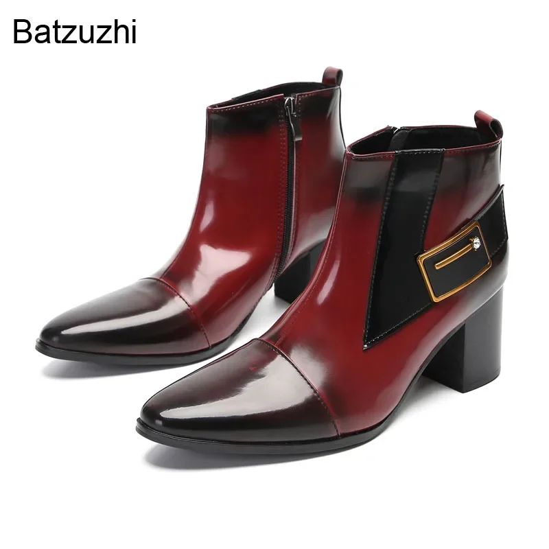 Batzuzhi 7CM High Heels New Men's Boots Pointed Toe Wine Red Genuine Leather Ankle Boots for Men Party/Wedding Boots for Man