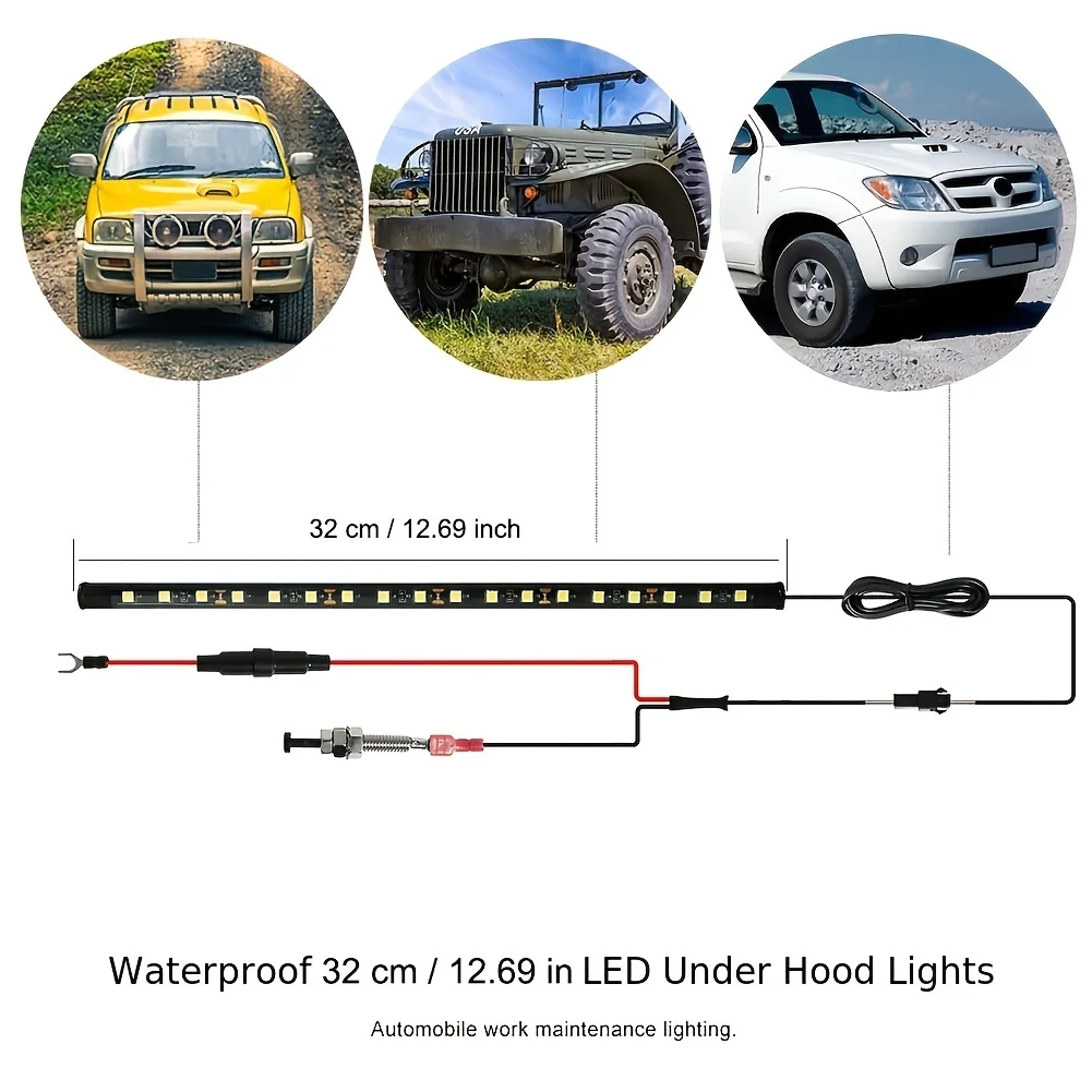 1set LED Car Under Hood Work Inspection Light Kit Waterproof White LED Strip Lights Bars Car Hood Lights Fits Any Vehicle 12V