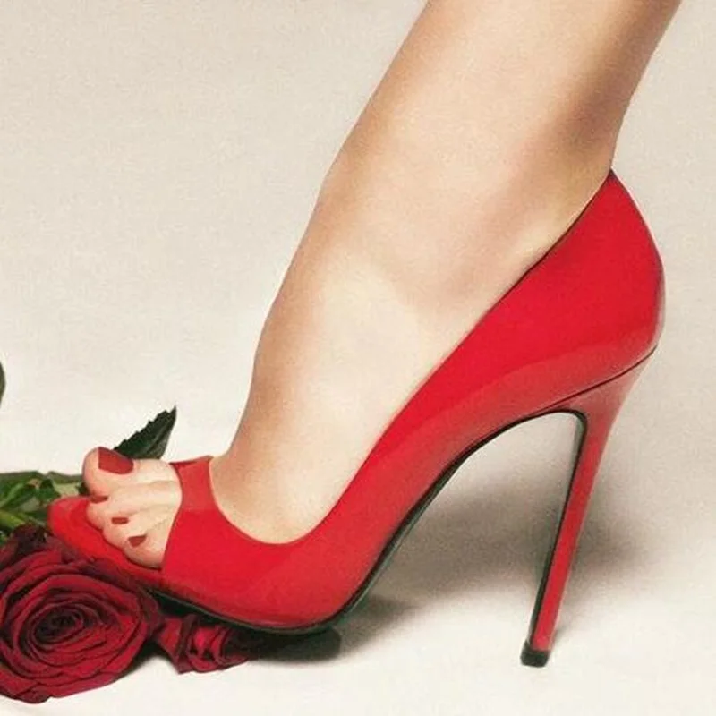 

Open Toe Red Patent Leather Women High Heel Pumps Cutouts Slip On Spring Autumn Modern Runway Footwear