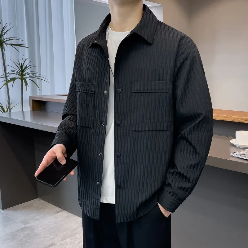 Textured Jacket Men in Spring Autumn New Style Loose Trendy Lapel Casual Thin Autumn Shirt Jacket