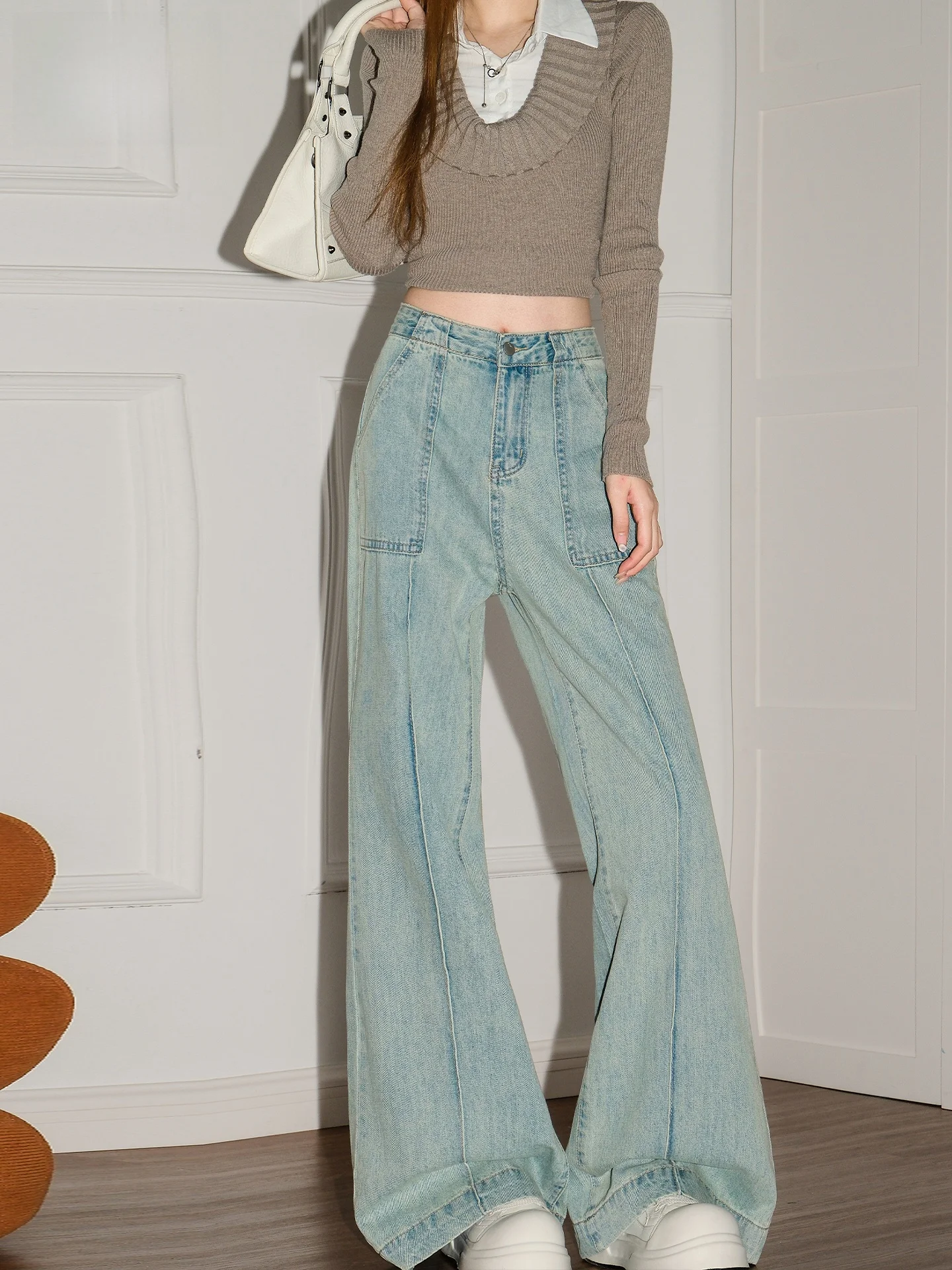 

Американские винтажные плиссированные джинсы с широкими штанинами для женщин, новинка 2026 года, весна-лето, со специальными карманами, свободные, стройнящие, в пол, брюки