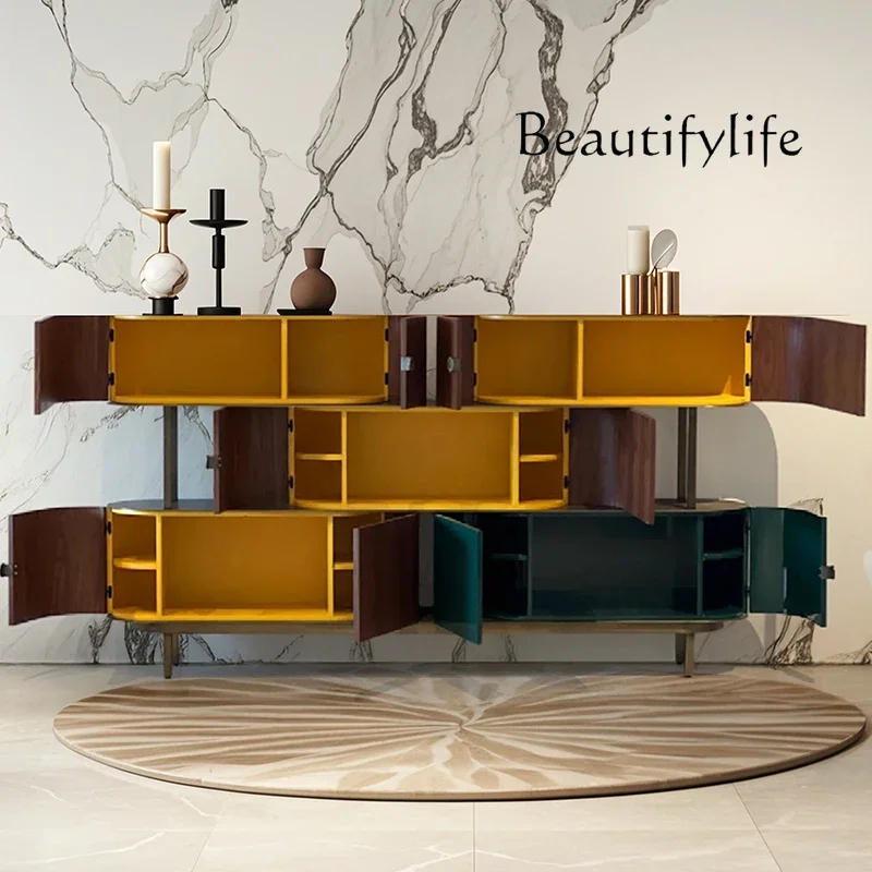 N47 Italian light luxury solid wood dining side cabinet minimalist walnut color partition cabinet entrance foyer decoration crea