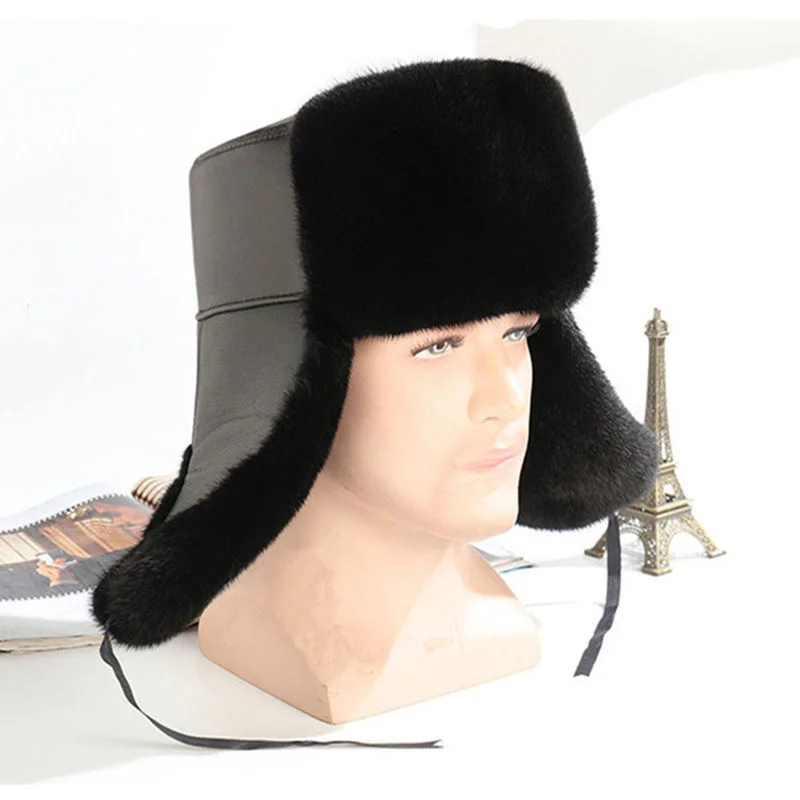 Mink Fur Hat Bomber Hats Winter 100% Real Fur Hat For Men Wool Fur Cap With Ear Protect Russion Hat Warm Cap With Ear Flaps