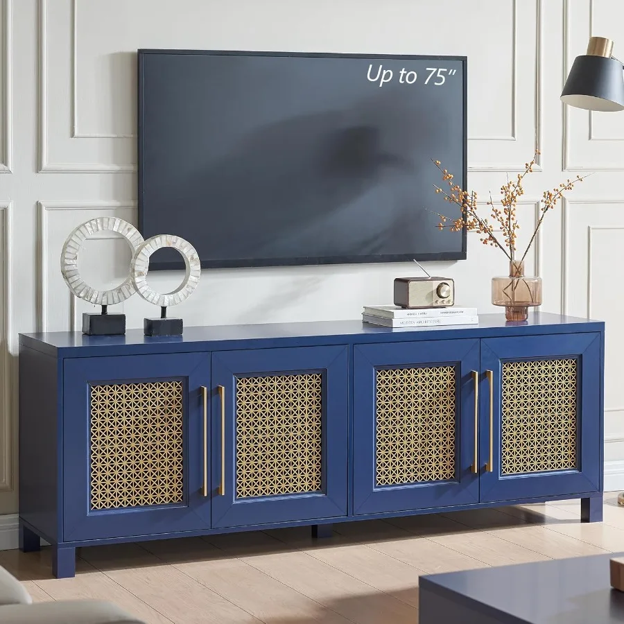 JYED Mid Century Modern TV Stand for TVs up to 75 69.5 W Blue Entertainment Center with 4 Gold Metal Mesh Doors Wood Grain MDF