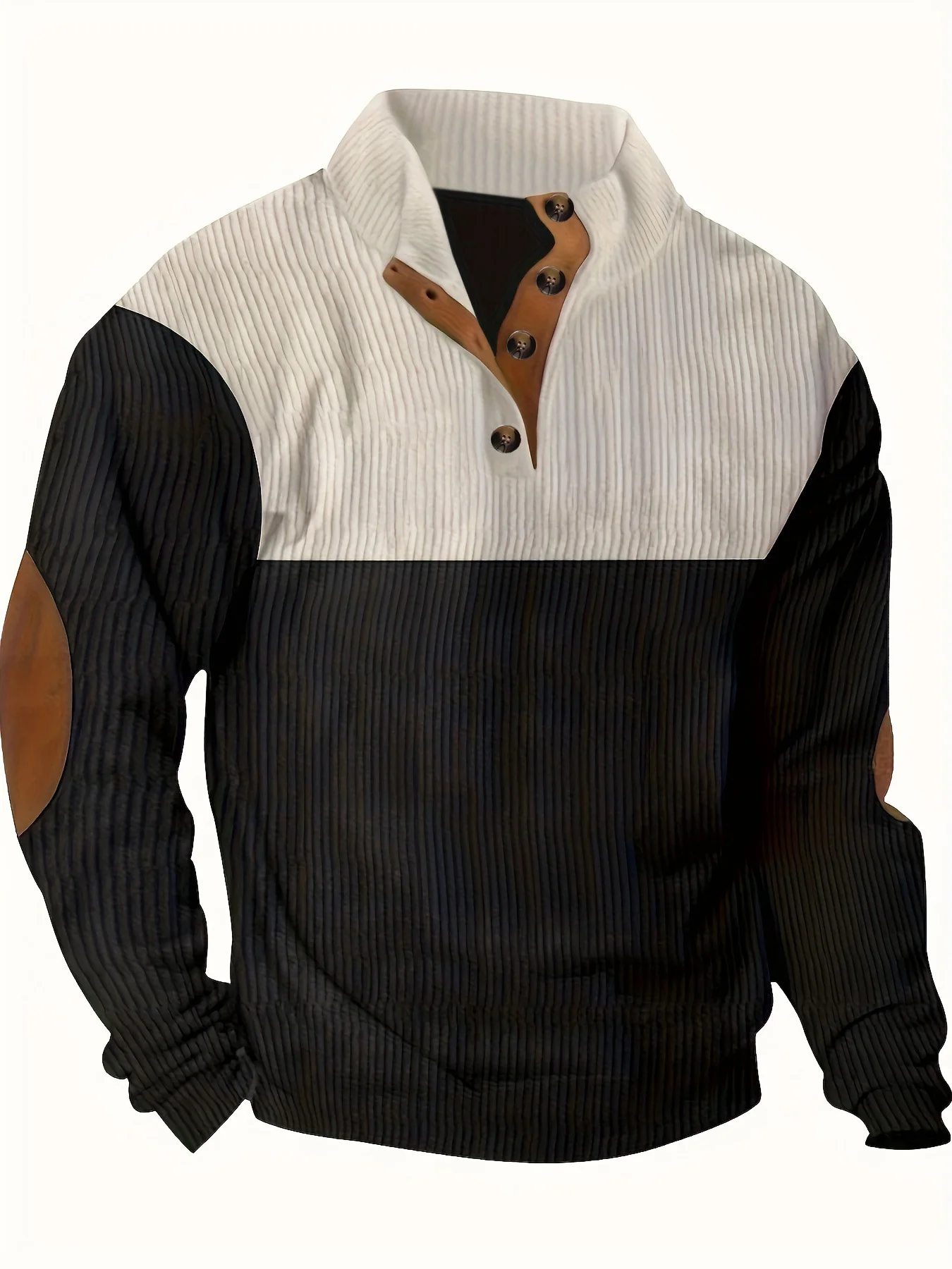 Men's Beige and Black Patchwork Fine Striped Corduroy Henley Collar Long-Sleeve Sweatshirt, Vintage Wooden Button Elbow Patchwork Color-Block Top, Spring and Autumn Loose Fit Casual Versatile Base Shirt