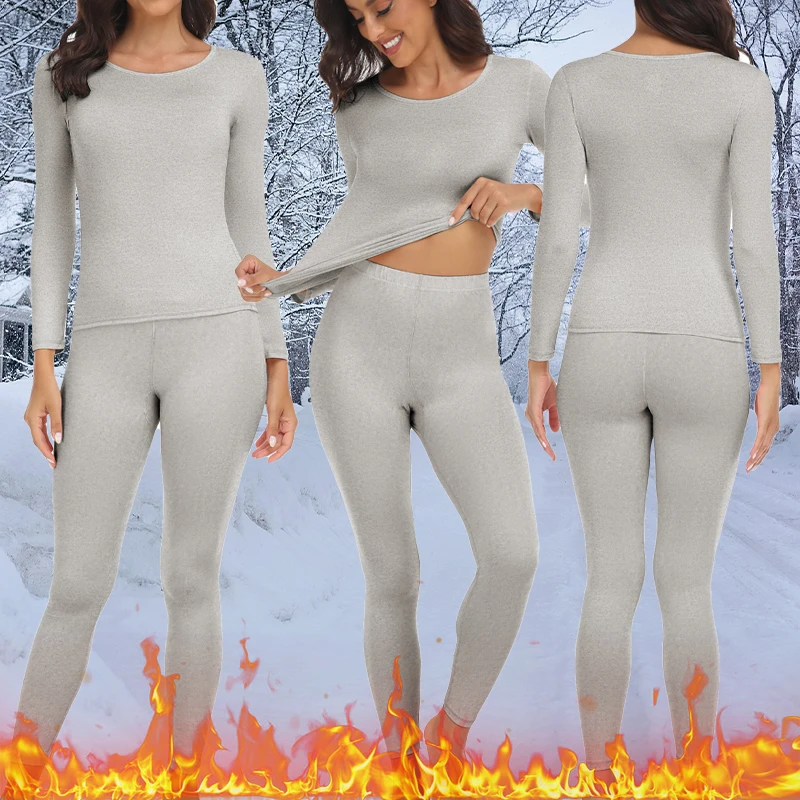 Thermal Underwear Set Women Winter Under Layer Clothes Lace V Neck Warm Fleece Pajamas Sets 2 Pieces Long John Top Legging