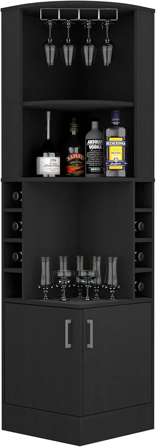 Cairo Corner Bar Cabinet With Glass Rack, Multiple Shelves, And 8 Wine Cubbies, Black