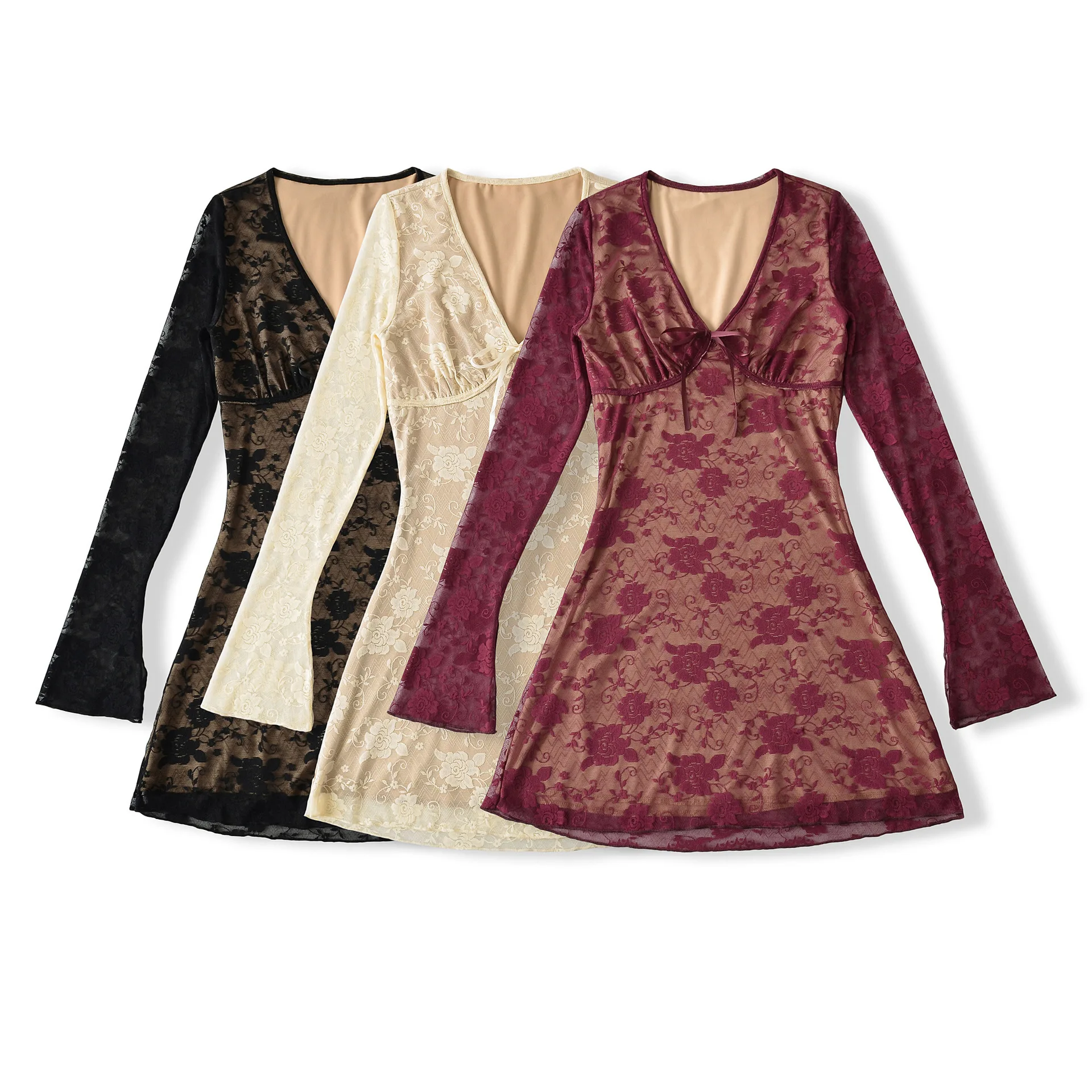 Herbst Neue frauen Amerikanischen Mode Stil Würzig Tiefem V-ausschnitt Spitze A-linie Lange Ärmeln Kleid Sexy Mesh Jacquard, Figurbetontes Kleid FJT8