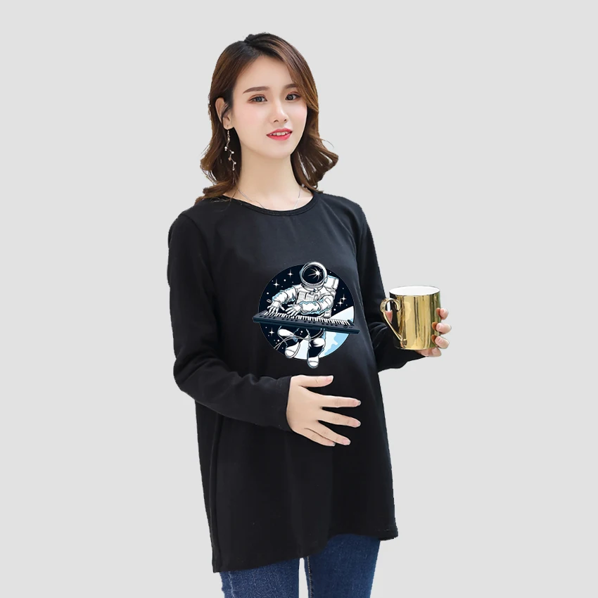 

Astronaut Plays Piano Funny Printed Customized Pregnant T-Shirt Girl Maternity Pregnancy Flattering Long SleeveShirt Mom Women