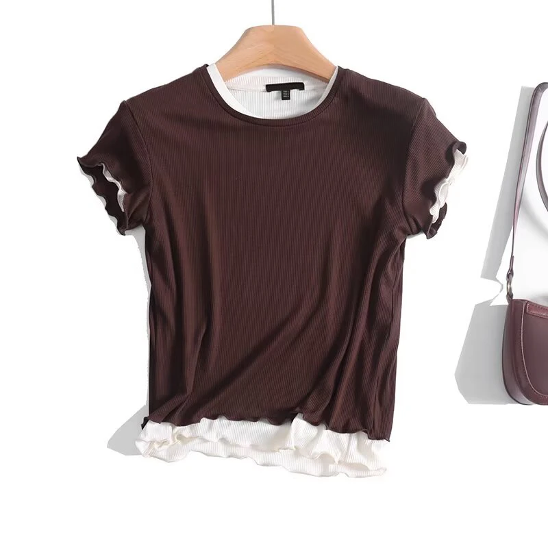 

Fungus Edge Fake 2pcs T Shirt Women Round Neck Short Sleeve Casual Tees Summer Crop Top New 2025 ropa de mujer