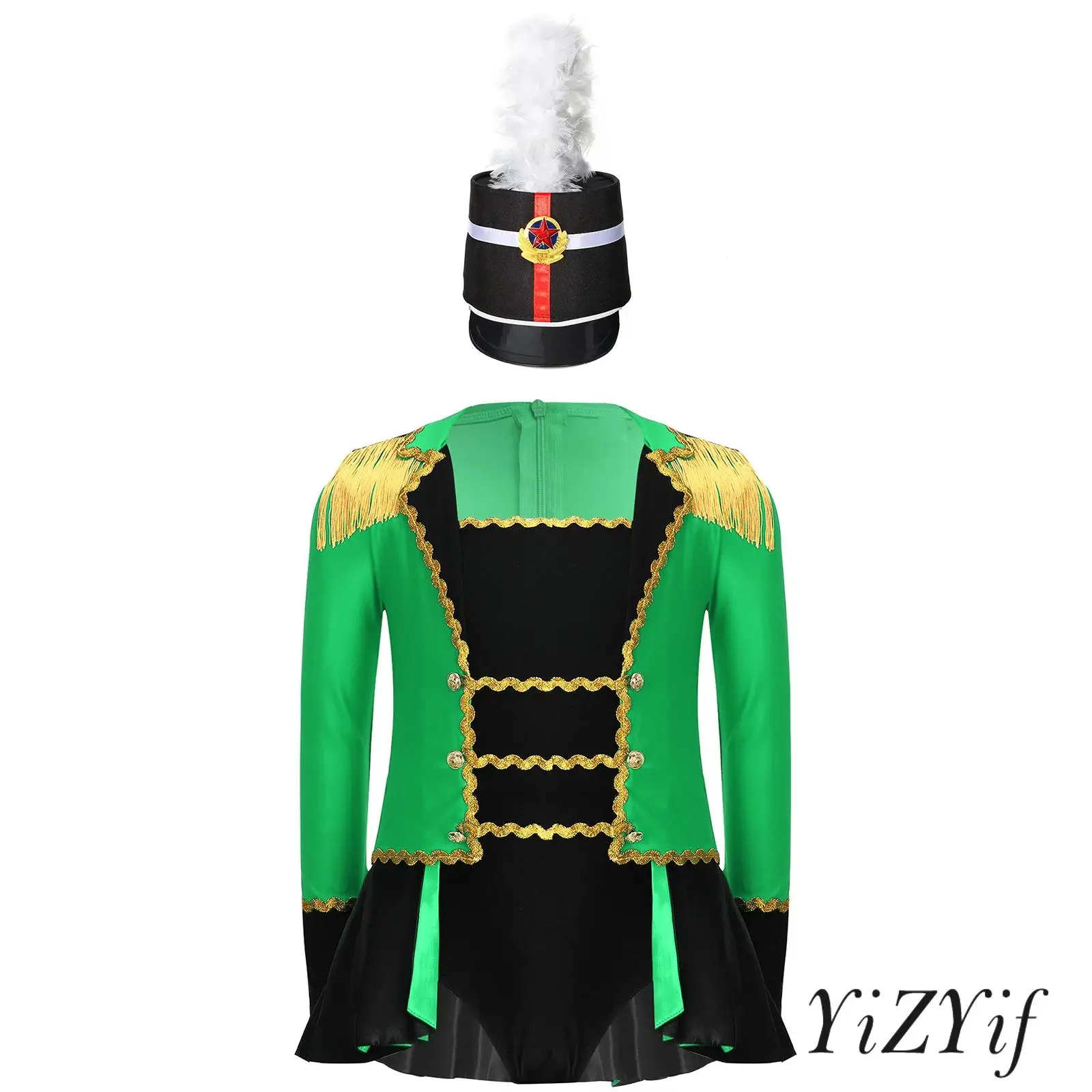 

Kids Girls 2Pcs Circus Costumes Outfit Long Sleeve Epaulets Tassels Pleated Overlay Crotch Buttons Jumpsuit And Feathered Hat