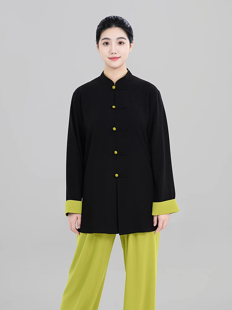 High End Women Tai Chi Suit Autumn Young Zen Style Ba Duan Jin Elastic Cotton Color Block Martial Arts Training Practice Uniform