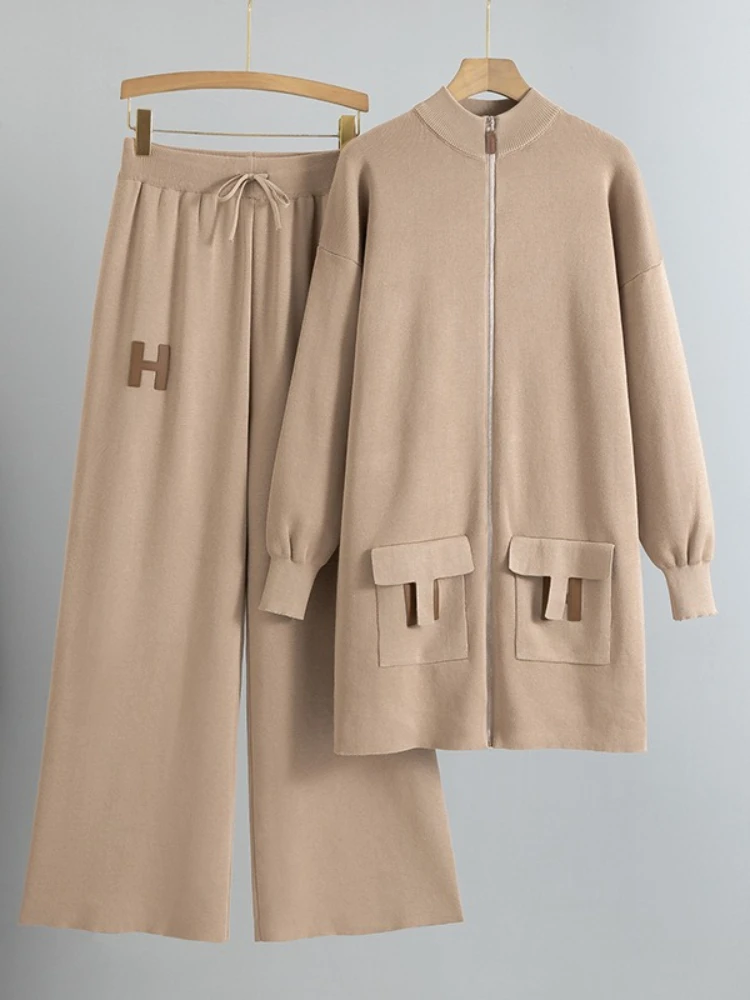 

European and American style suit zipper loose knit sweater long top+drawstring wide leg pants casual temperament 2piece set