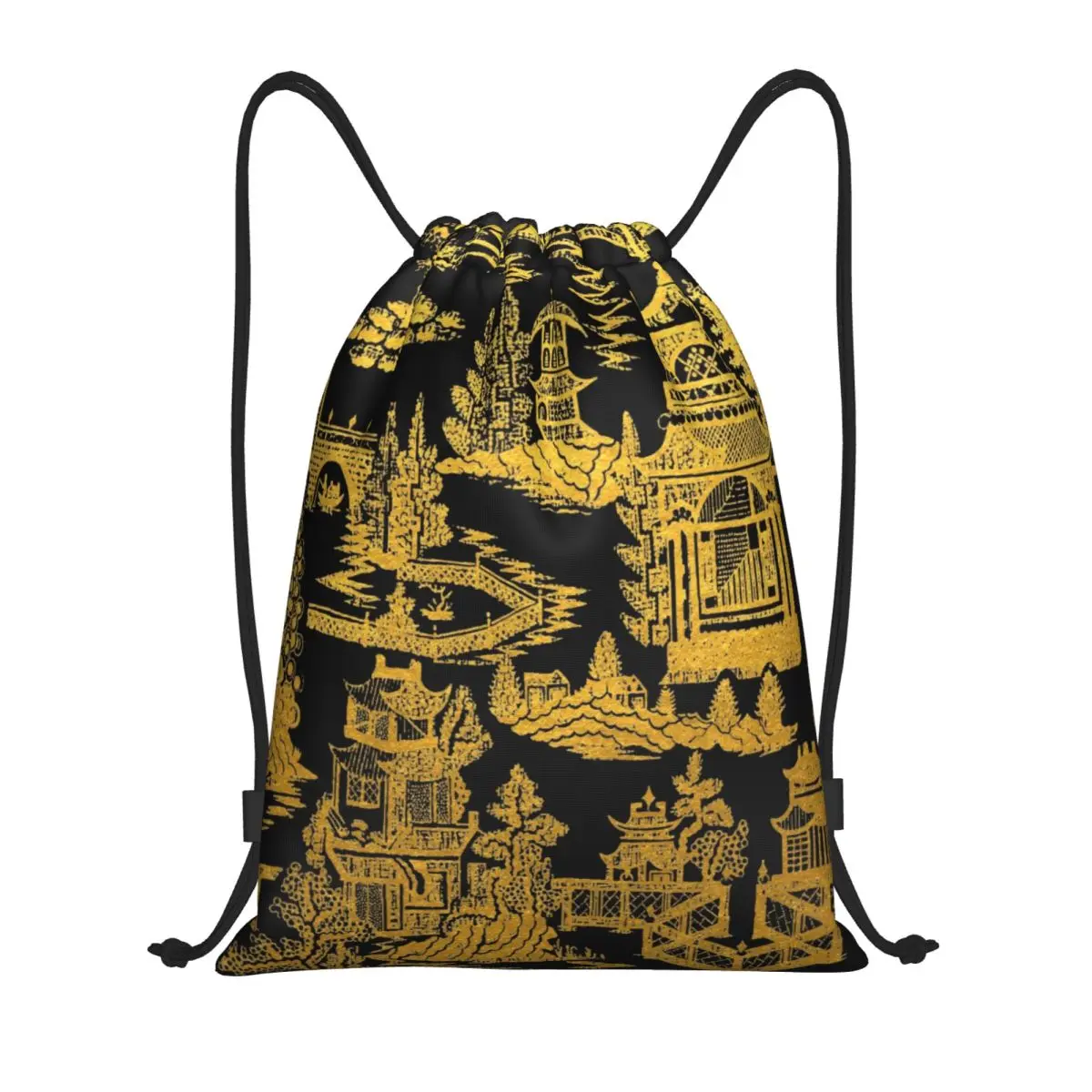 

Custom Gold Black Pagoda Drawstring Bags Women Men Foldable Sports Gym Sackpack Willow Pattern Shopping Storage Backpacks