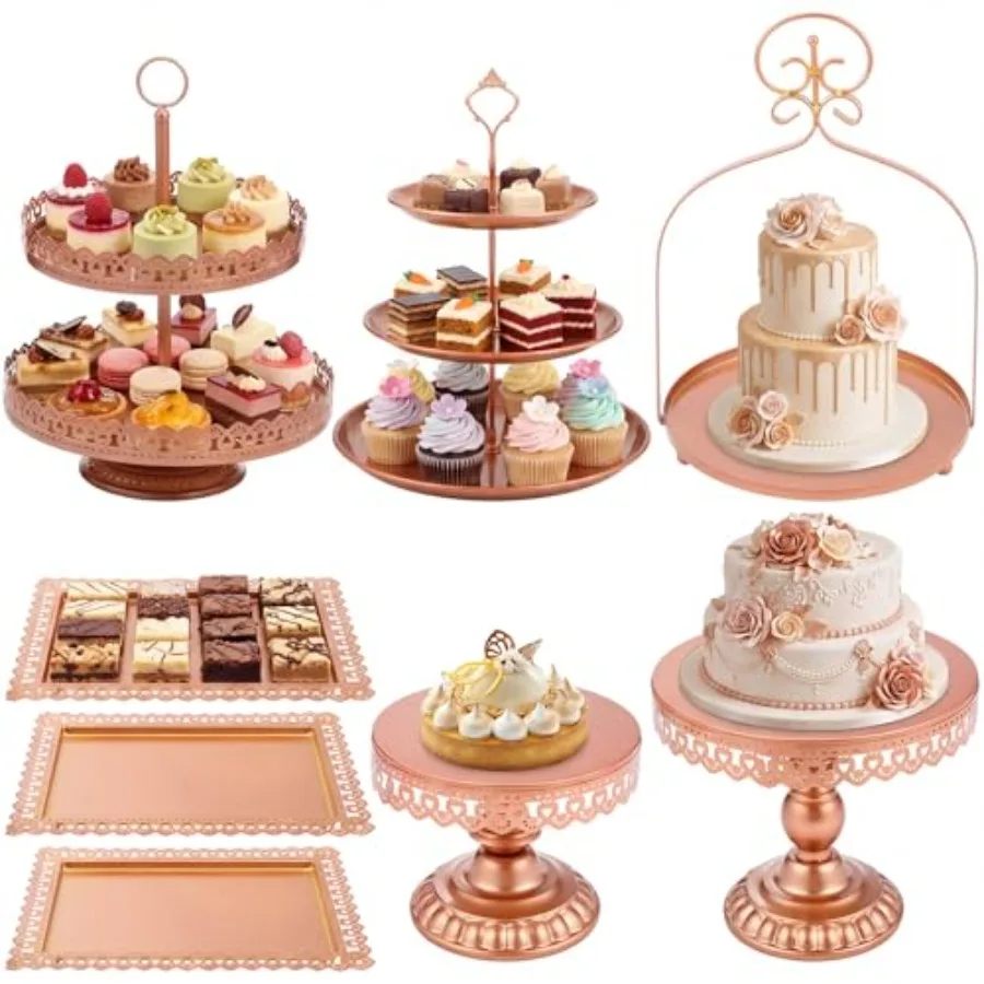 8 Pcs Cake Stands Set Metal Dessert Table Display Tiered Cupcake Holder Candy Donut Fruit Plate Cake Serving Tray with Handle T