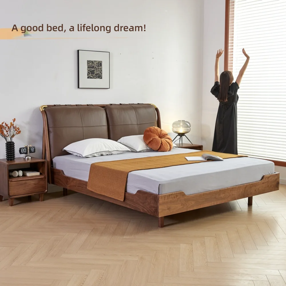 #Modern Minimalist Light Luxury Floating Soft Bed North American Black Walnut Solid WoodFrame Genuine Leather Upholstery Bedroom