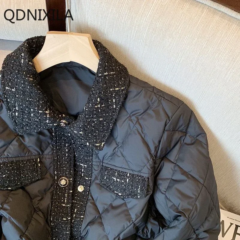 Xiaoxiangfeng-Chaqueta acolchada negra de celosía para mujer, Parkas de invierno, abrigos nuevos, temperamento retro, abrigo corto delgado y ligero