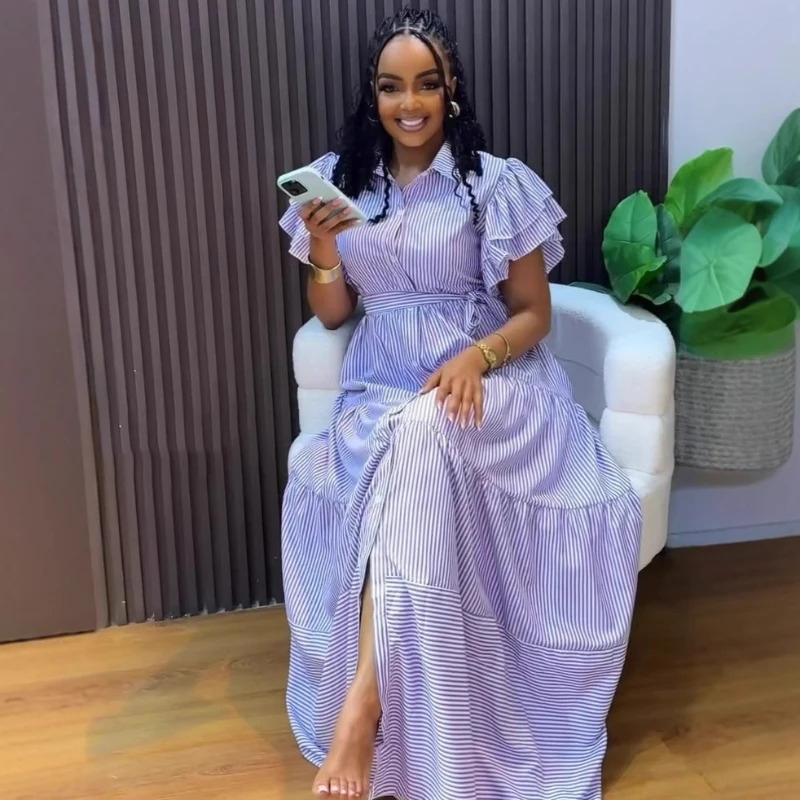 

Women Striped Long Dress Butterfly Sleeve Loose High Waist Dresses Single Breasted Casual A Line Vestidos Party Summer