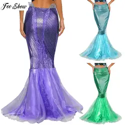 Womens Halloween Mermaid Maxi Skirt Cascading Tulle Fish Scale Print Metallic Shiny Fishtail Skirt for Cosplay Dress-Up Party