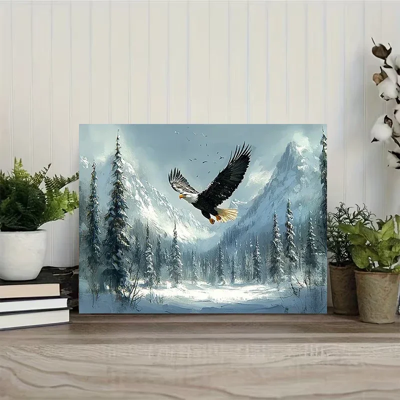 Multiple sizes 1pc frameless Canvas Painting,Soaring Eagle in The Sky Snow Mountain Forest Scenery Poster and Prints Canvas Pain