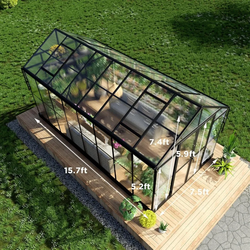 8x16x7.5 FT Polycarbonate Greenhouse Double with Swing Doors 4 Vents 5.2FT Added Wall Height, Greenhouses