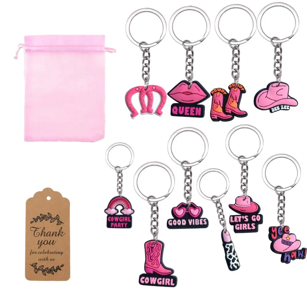 10 zestawów, kowbojskie upominki na przyjęcie obejmują 10 breloków do kluczy, 10 torebek z organzy, 10 papierowych etykiet Kraft na zachodnie urodziny Baby Shower