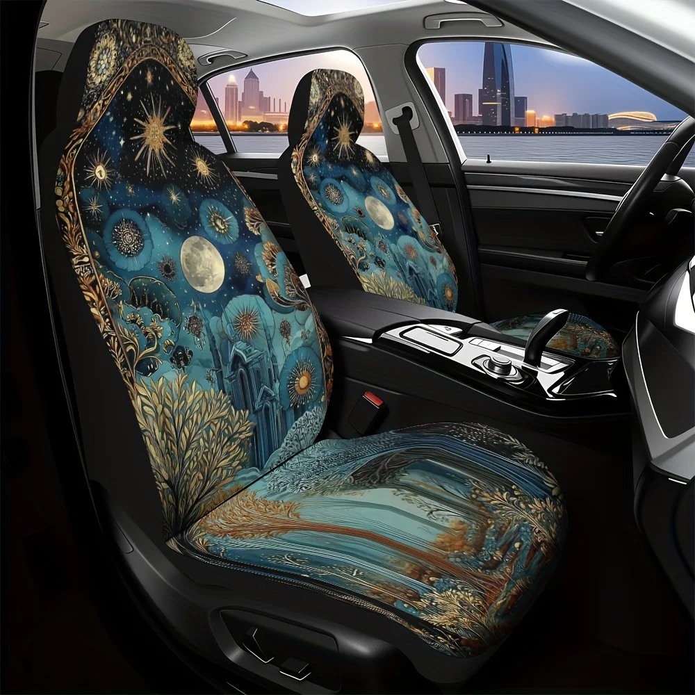 2pcs, Decorative Starry Night Enchantment Pattern Universal Car Seat Covers, Washable And Foldable, Adds Attractive Visual Accen