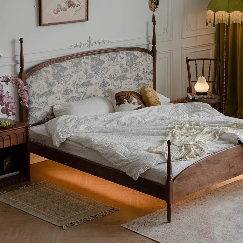 

French retro printing bed solid wood fabric 1.8 meters double bed 1.5 meters master bed fabric small apartment