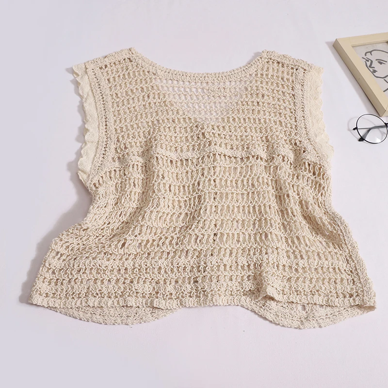 Women Vintage Solid Single Breasted Crochet Vest Patchwork Lace Hollow Out Cardigan Loose Sleeveless V-neck Tank Tops Thin Coat