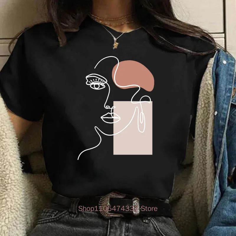 Women Circle Face Line with Color Block Print T-shirts Summer Casual Fashion Harajuku Loose Retro Tops O-Neck Short Sleeve Tees