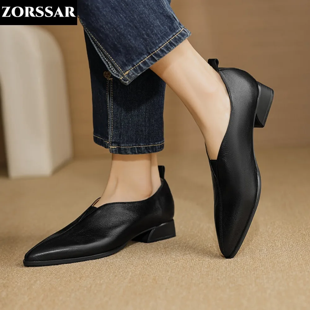 Women Flat Shoes Genuine Leather Sheepskin Comfort Flats Slip On Black Brown Simple Shoes Spring Autumn Soft Loafers Pointed Toe