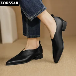 Women Flat Shoes Genuine Leather Sheepskin Comfort Flats Slip On Black Brown Simple Shoes Spring Autumn Soft Loafers Pointed Toe