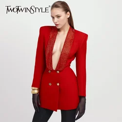 TWOTWINSTYLE Backless Patchwork Diamonds Blazer For Women Shawl Collar Long Sleeve Spliced Button Temperament Blazers Female New