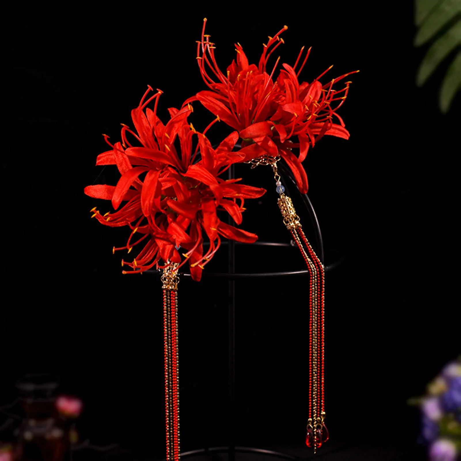 Simulated Flower Hairpin Fine Workmanship Red  Lily Tassel Hairpin for Thick Curly Hair Styling Decorative